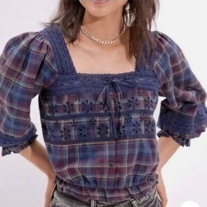 NWT American Eagle Boho Blue Plaid Prairie Lace Eyelet Puff Sleeve Crop Top S